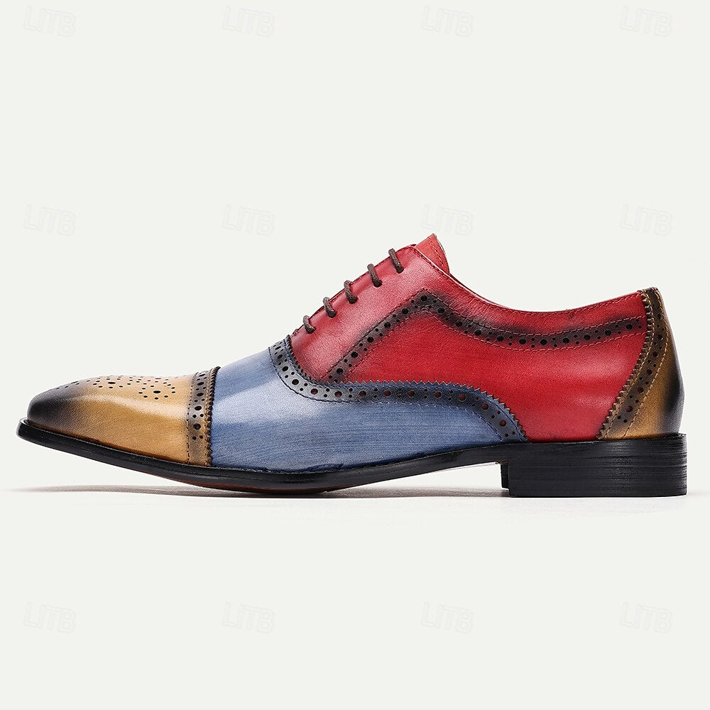 Men's Premium Cowhide Leather Oxford Shoes - Multicolor Brogue Lace-Up Dress Shoes with Wingtip Design