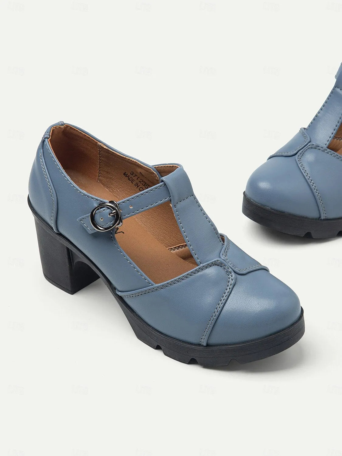 Women's Blue Mary Jane Chunky Heel Shoes - Retro T-Strap Design for Office and Casual Wear