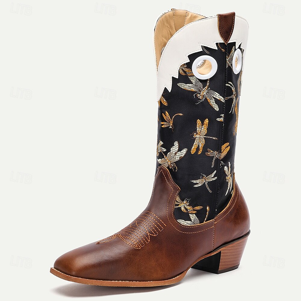 Men's Premium Cowhide Leather and Jacquard Fabric Western Cowboy Boots with Dragonfly Embroidery-Vintage Style Boots for Ranch and Outdoor Wear