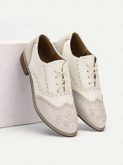 Women's Cream and White Faux Leather Brogue Oxford Shoes with Lace-Up Closure