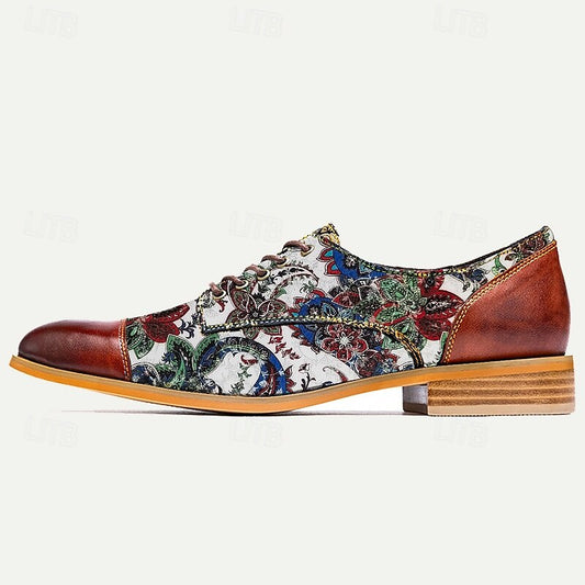 Men's Premium Cowhide Leather Paisley Print Oxford Shoes with Brown and Multicolor Accents Stylish and Comfortable Footwear