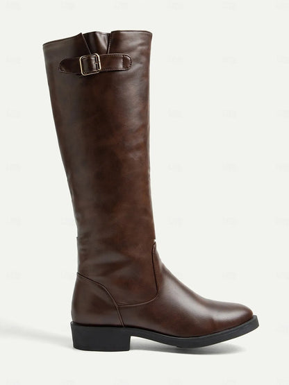 Women's Brown Knee-High Riding Boots with Buckle Detail and Side Zipper