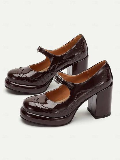 Women's Brown Patent Leather Mary Jane Block Heel Pumps with Brogue Detailing - Vintage-Inspired Dress Shoes for Office and Evening Wear