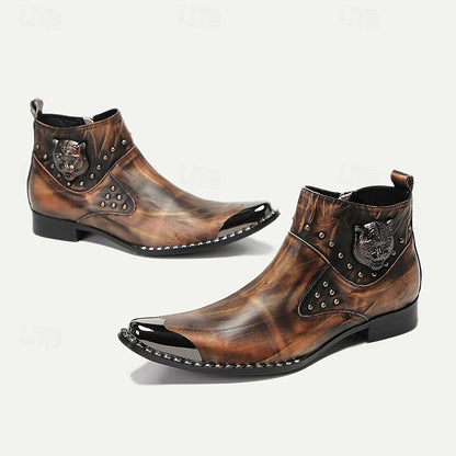 Men's Premium Cowhide Leather Motorcycle Boots with Studded Design, Brown Gradient Finish, and Metallic Detailing - Perfect for Biker Style and Casual Outfits