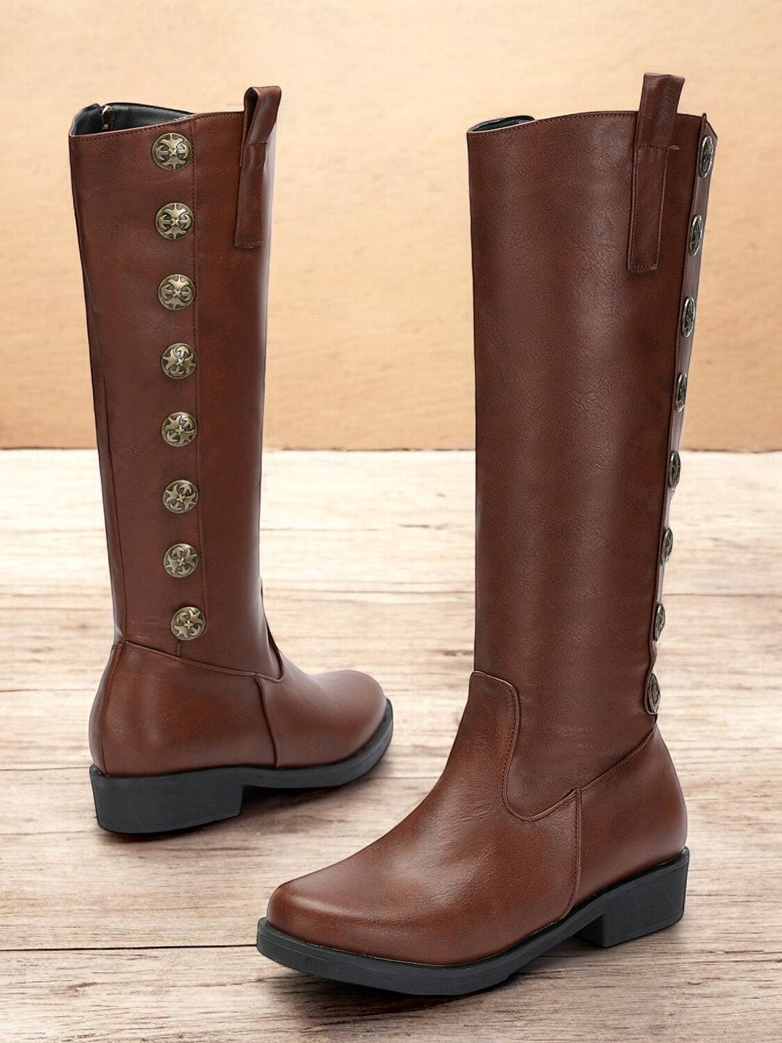 Women's Vintage Brown Knee-High Boots with Decorative Buttons Stylish Faux Leather