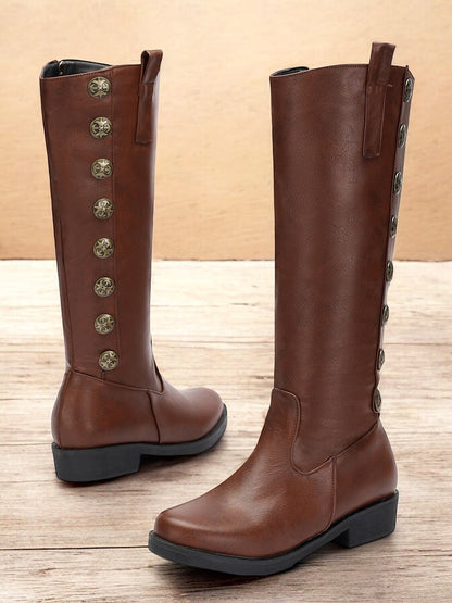 Women's Vintage Brown Knee-High Boots with Decorative Buttons Stylish Faux Leather