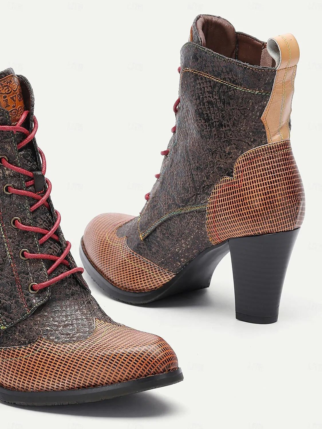 Vintage-Style Coffee Lace-Up Ankle Boots with Chunky Heels for Women