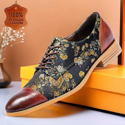 Men's Premium Cowhide Floral Pattern Dress Shoes with Brown Accents