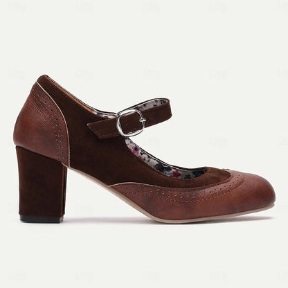 Classic Brown Suede Mary Jane Heels with Buckle Strap - Women's Comfortable Dress Shoes - Tokiyos