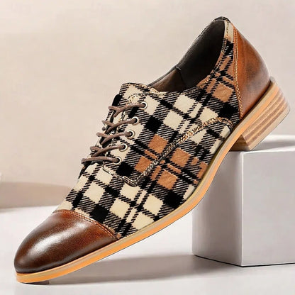 Men's Brown Plaid Oxford Shoes Premium Cowhide Leather Horsehair