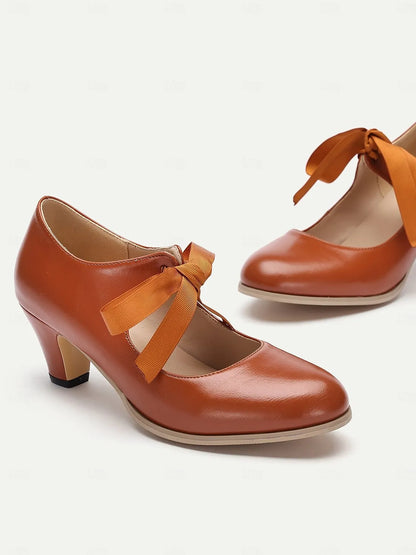 Women's Vintage Mary Jane Heels with Ribbon Bow - Retro-Inspired Block Heel Dress Shoes for Casual and Special Occasions