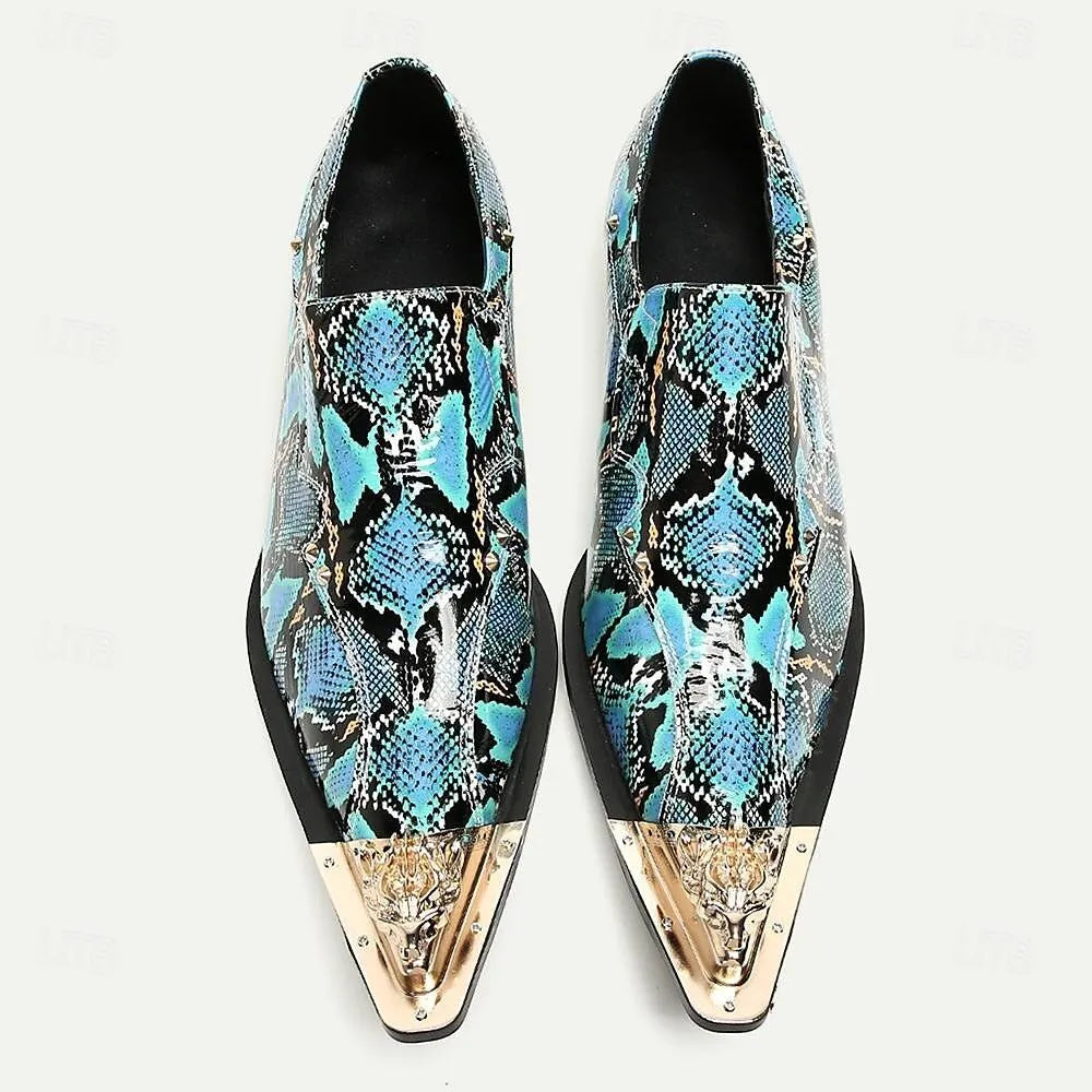 Men's Blue Snake Print Loafers Dress Shoes with Gold Lion Accents - Tokiyos