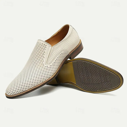 Men's White Perforated Leather Slip-On Loafers - Tokiyos