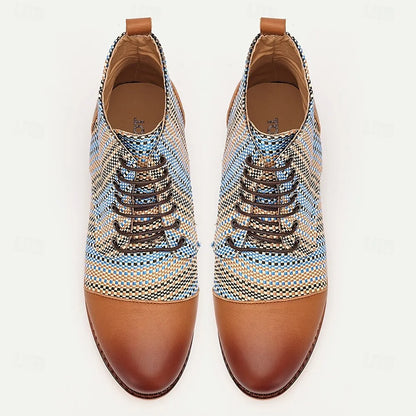 Men's Premium Woven Fabric and Leather Lace-Up Boots with Blue Multicolor Pattern and Leather Toe Cap