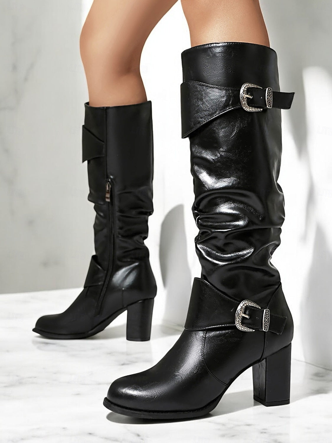 Women's Black Knee-High Chunky Heel Boots with Buckle Straps - Stylish Faux Leather Slouch Boots for Fall and Winter Casual Wear