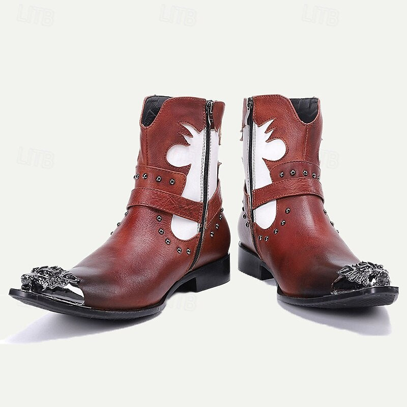 Men's Brown and White Premium Cowhide Motorcycle Boots with Western Style, Metal Dragon Toe Cap, and Buckle Strap - Ideal for Riding and Cowboy-Inspired Fashion