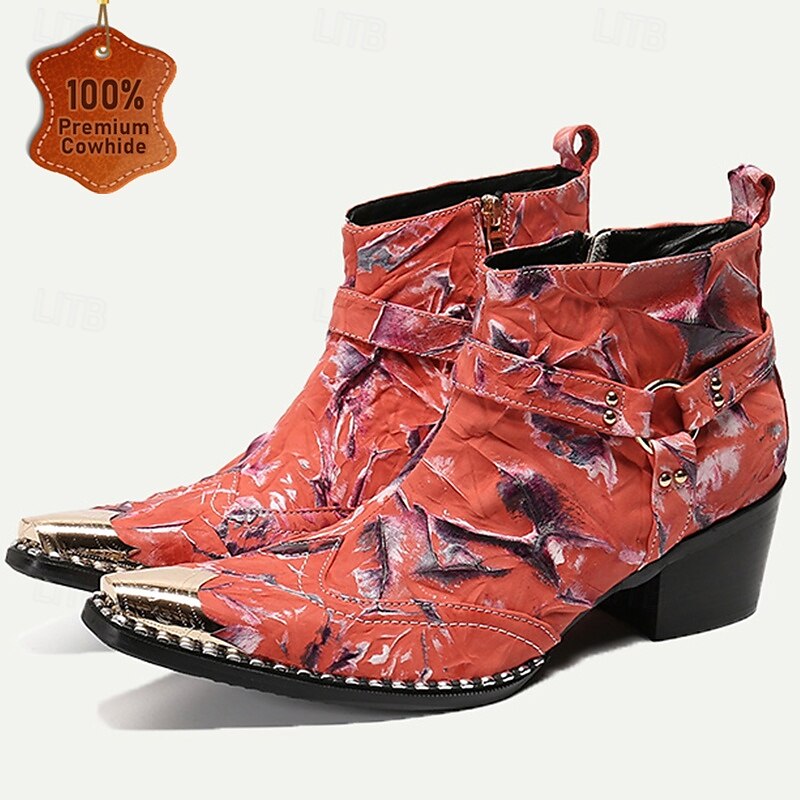 Men's Premium Cowhide Motorcycle Boots with Floral Design and Metal Toe Cap - Western Ankle Boots for Riding and Casual Wear