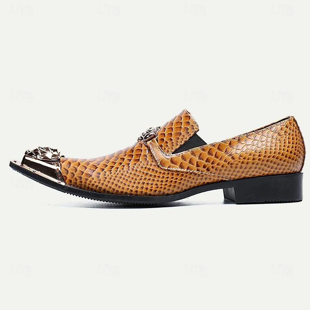 Men's Brown Snake Print Leather Dress Shoes with Metal Accents - Tokiyos