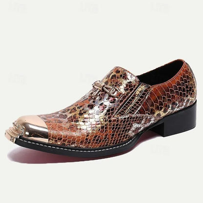 Men's Exotic Copper Snakeskin Print Leather Dress Shoes with Metal Cap Toe - Tokiyos