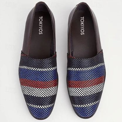 Men's Woven Patterned Loafers - Stylish Casual Slip-On Shoes with Red, Blue, and White Design