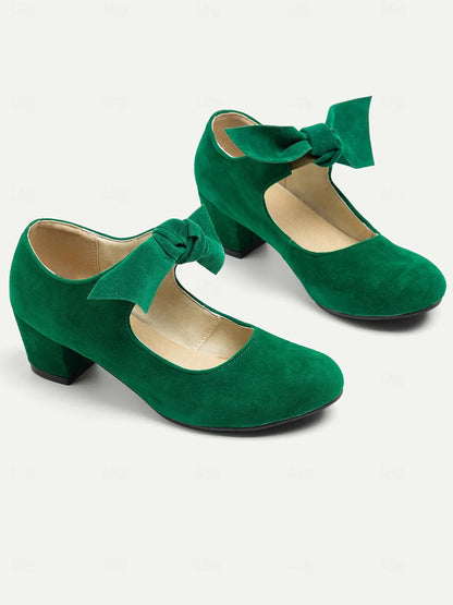 Women's Green Suede Mary Jane Shoes with Bow Detail