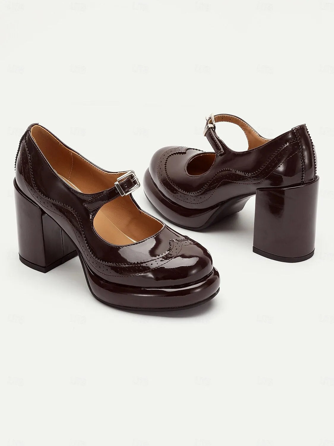 Women's Brown Patent Leather Mary Jane Block Heel Pumps with Brogue Detailing - Vintage-Inspired Dress Shoes for Office and Evening Wear