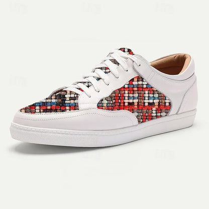 Men's White Leather Sneakers with Multicolor Woven Pattern - Stylish Casual Shoes - Tokiyos