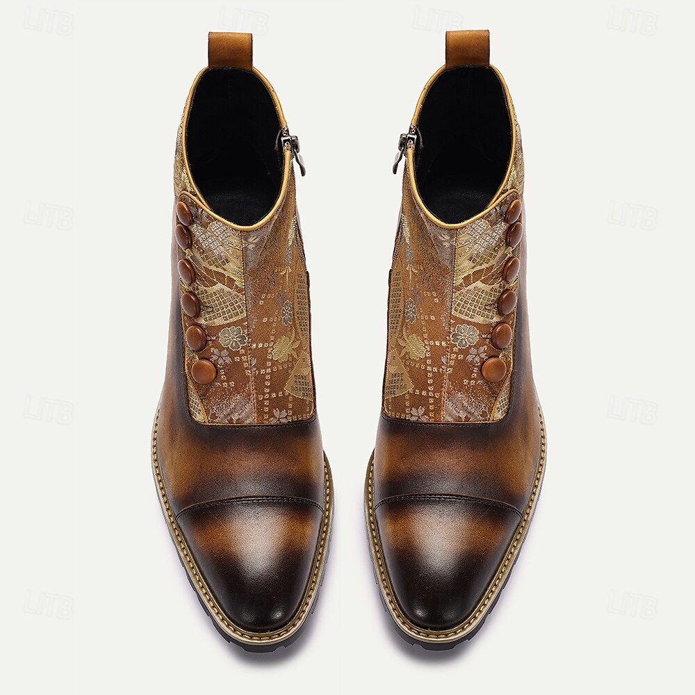 Men's Vintage Cowhide Leather Floral Brocade Ankle Boots with Button-Up Detail