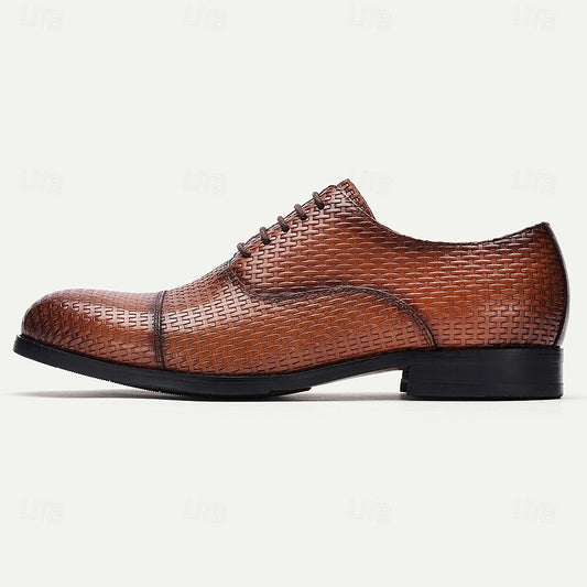 Men's Woven Pattern Brown Leather Oxford Shoes-Premium Cowhide Lace-Up Formal Shoes for Business and Special Occasions