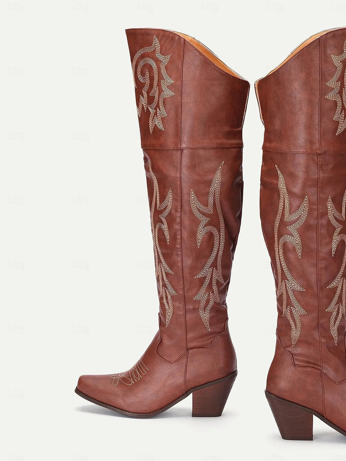 Women's Brown Western Over-the-Knee Cowboy Boots with Intricate Embroidery and Block Heel