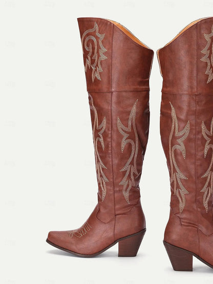 Women's Brown Western Over-the-Knee Cowboy Boots with Intricate Embroidery and Block Heel - Stylish and Comfortable High Boots for All Seasons