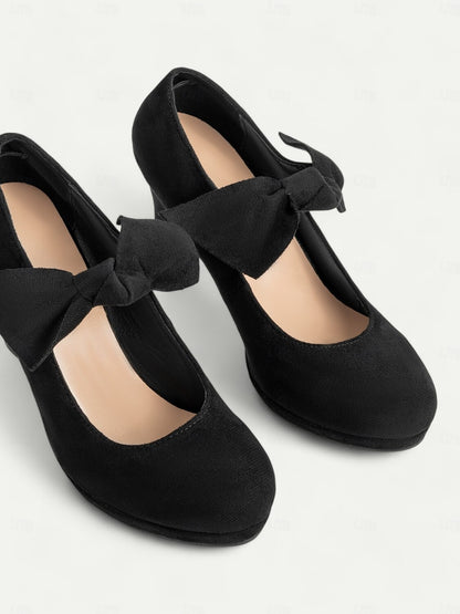 Women's Black Suede Bow Heels-Elegant Round-Toe Platform Pumps for Formal Events and Parties