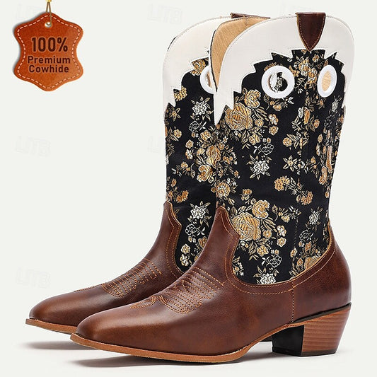 Men's Premium Cowhide and Jacquard Fabric Western Cowboy Boots with Gold Floral Embroidery-Vintage Style Boots for Ranch and Outdoor Wear