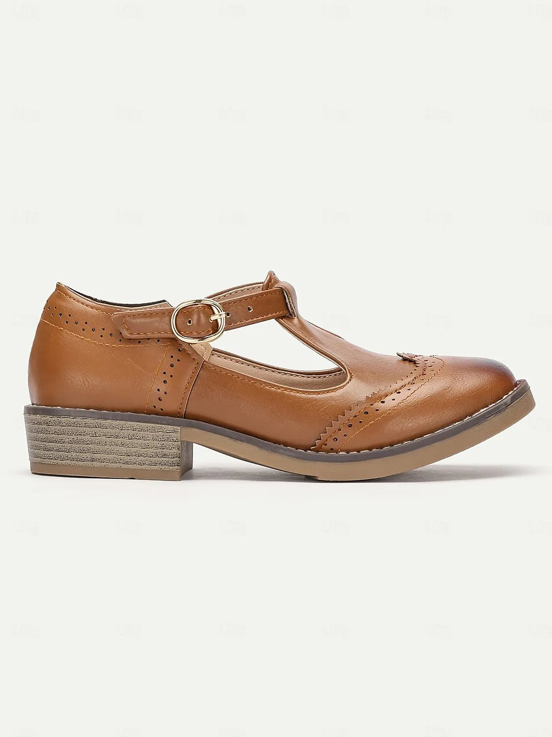 Women's Brown T-Bar Mary Jane Shoes with Buckle Strap and Block Heel