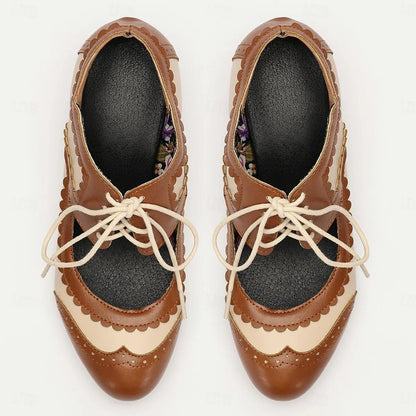 Women's Two-Tone Oxford Heels with Lace-Up Front and Floral Insole - Tokiyos