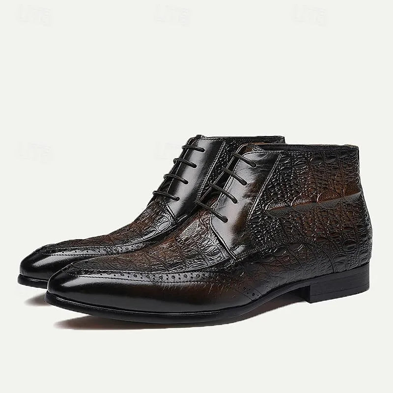 Men's Premium Cowhide Dress Shoes with Embossed Crocodile Pattern and Black Accents