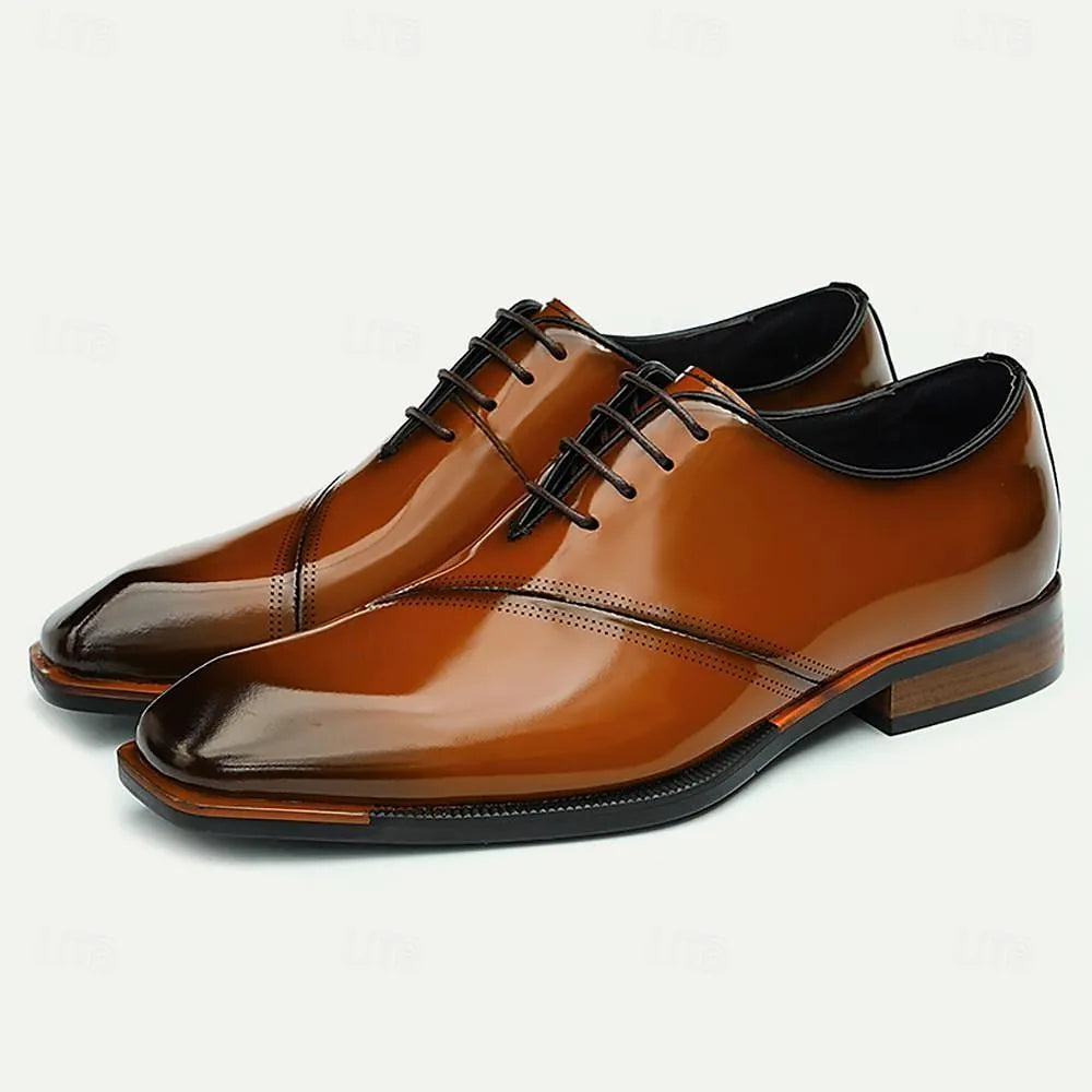 Men's Brown Leather Oxford Dress Shoes Polished Cap Toe - Tokiyos