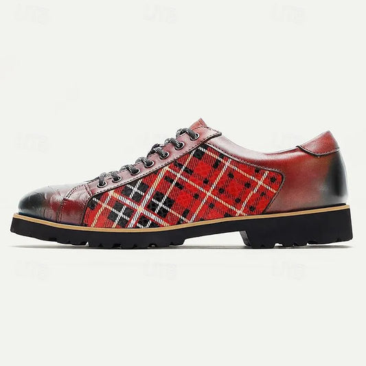 Men's Premium Cowhide Red Plaid Outdoor Shoes with Rugged Sole and Black Accents