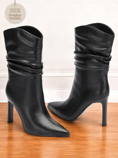 Women's Black Leather Mid Calf Boots with Stiletto Heels, Slouchy Design - Elegant and Stylish for Fall and Winter