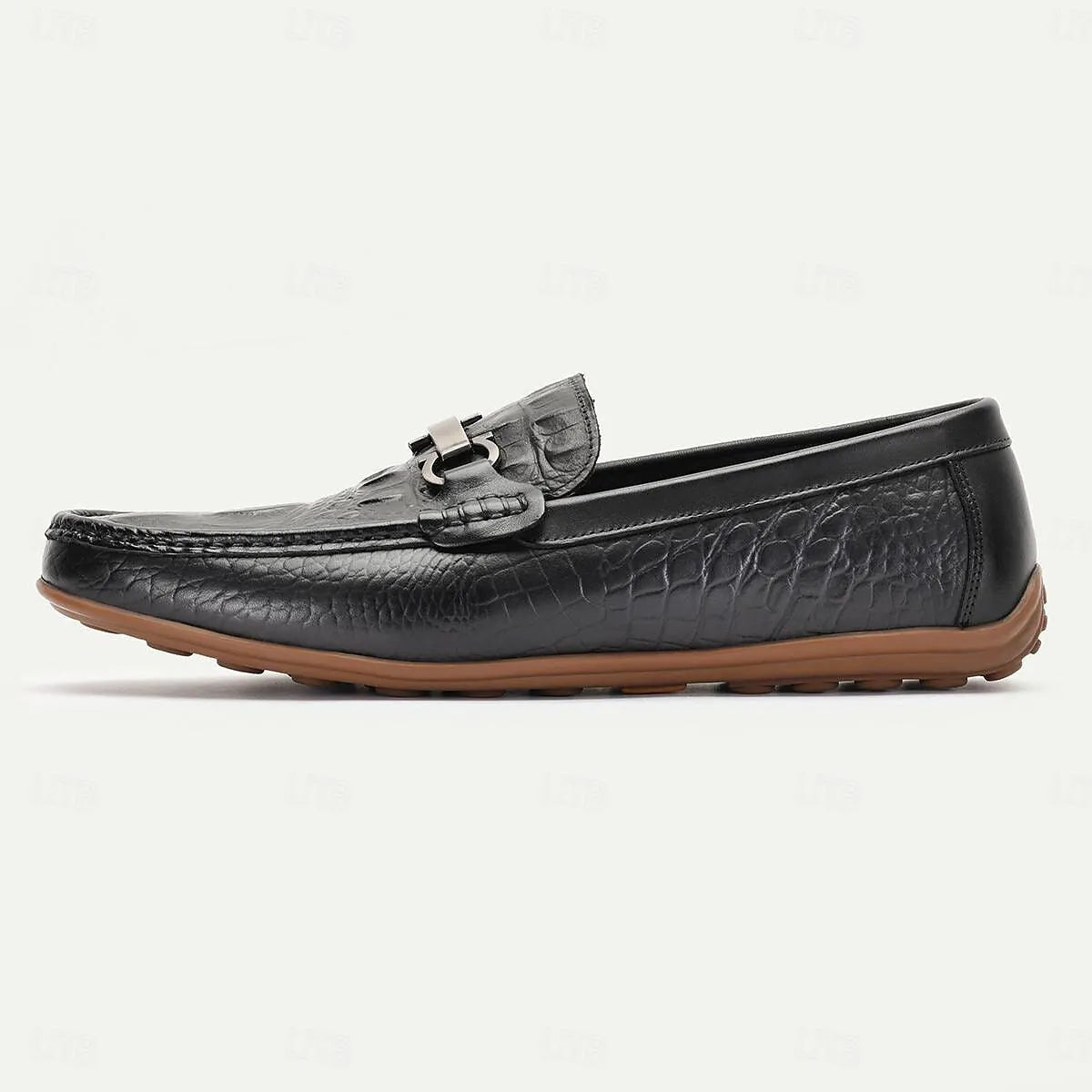 Men's Black Leather Crocodile Loafers with Metal Buckle - Tokiyos