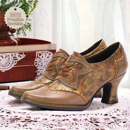 Women's Beige Lace-Up Heeled Brogues Vintage Print - Tokiyos