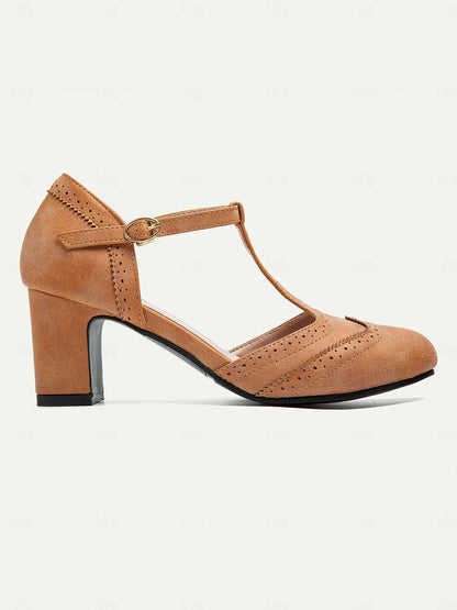 Women's Vintage Tan T-Strap Mary Jane Pumps with Brogue Detailing and Block Heel - Retro Dress Shoes for All Occasions