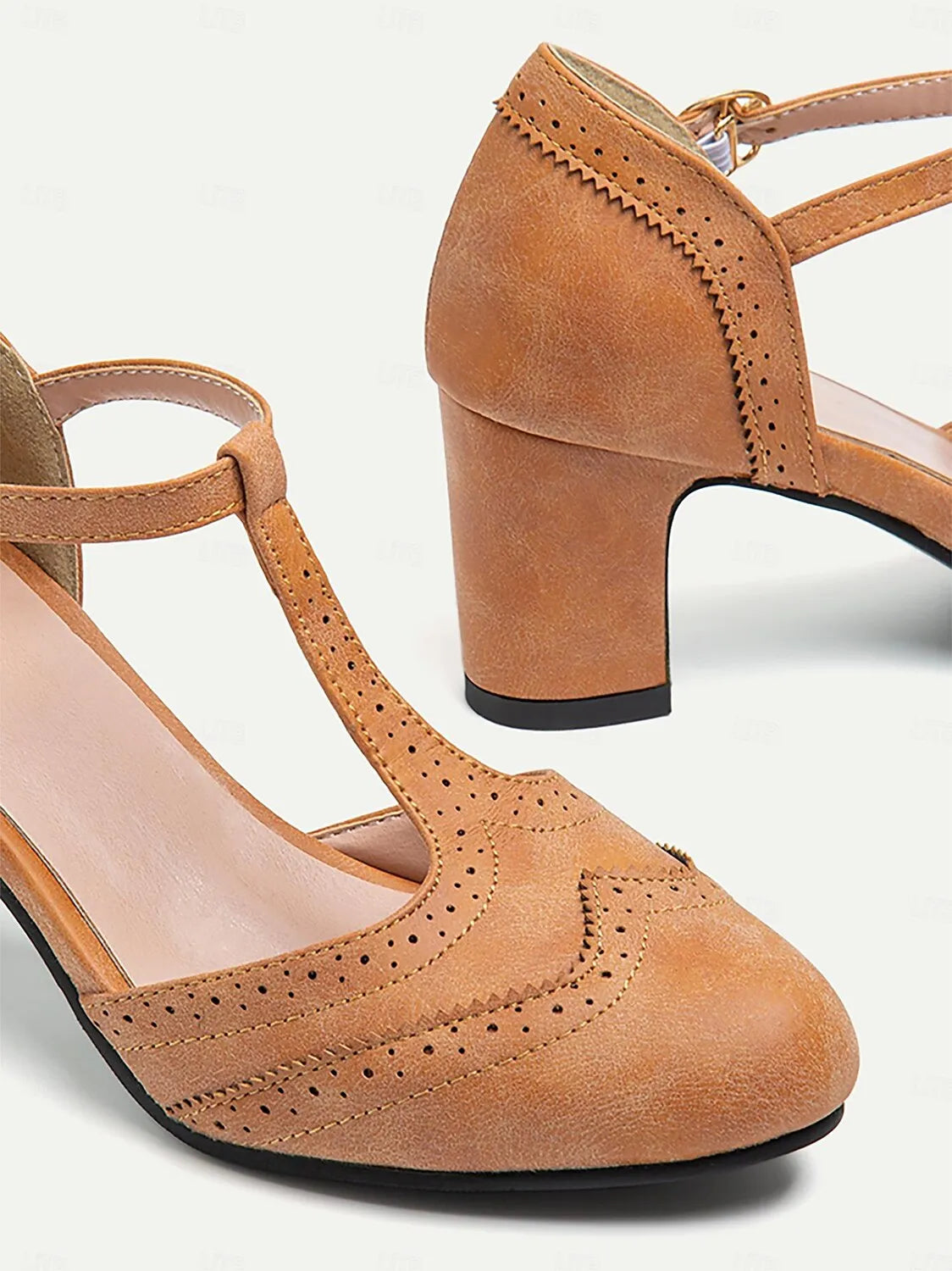 Women's Vintage Tan T-Strap Mary Jane Pumps with Brogue Detailing and Block Heel - Retro Dress Shoes for All Occasions