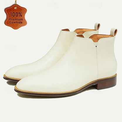 Men's Premium Cowhide White Chelsea Boots Ankle Boots