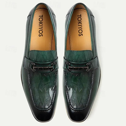 Men's Green Leather Loafers - Premium Cowhide Slip-On Dress Shoes with Buckle