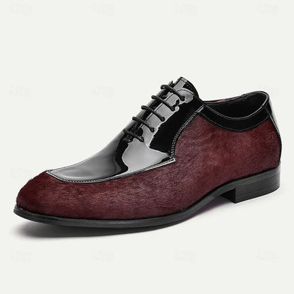 Men's Patent Leather and Pony Hair Oxford Shoes, Burgundy and Black Luxury Dress Shoes for Formal Events and Business Attire