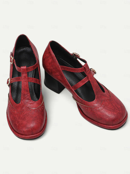 Women's Vintage Red Mary Jane Heels – Double Buckle Strap, Retro Block Heel, Perfect for Formal and Casual Occasions