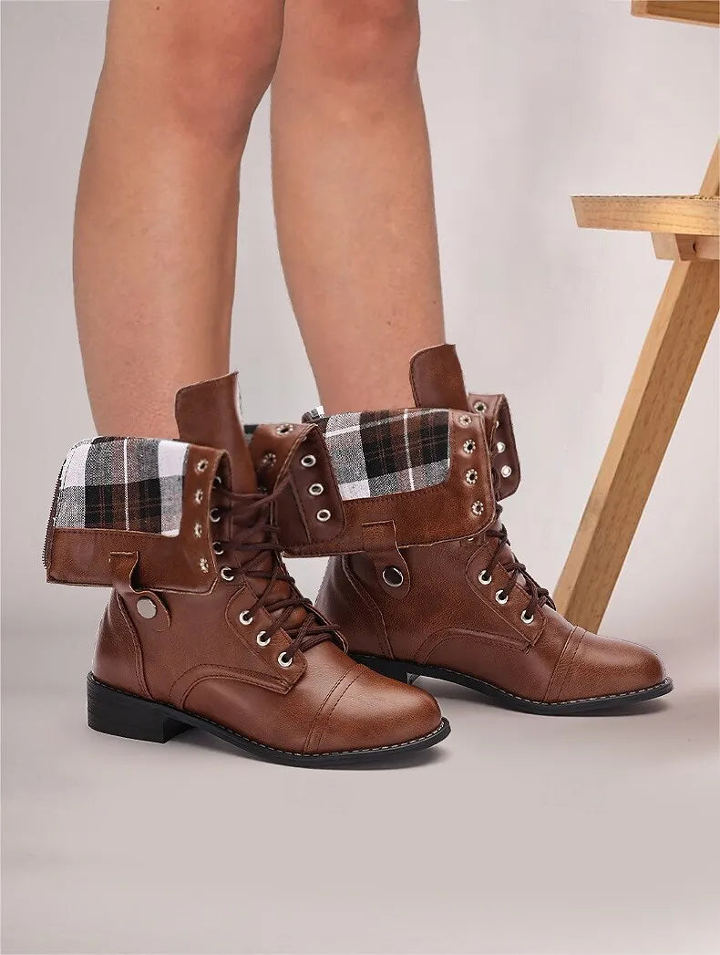 Women's Brown Convertible Lace-Up Combat Boots with Fold-Down Plaid Cuffs - Versatile Vintage Style for Casual and Outdoor Wear