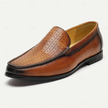 Men's Brown Perforated Leather Loafers - Tokiyos