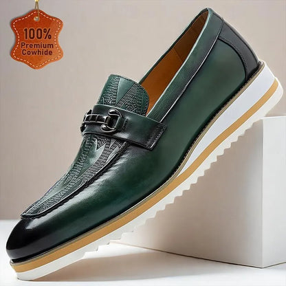 Men's Green Leather Loafers - Premium Cowhide Slip-On Dress Shoes with Buckle